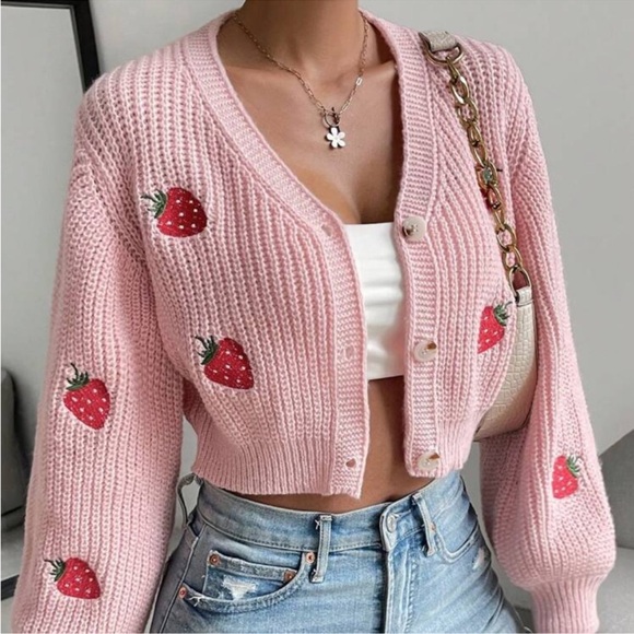 Strawberry Embroidery Drop Shoulder Cardigan - Picture 1 of 7